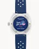 A special edition Bulova Watch - Snorkel July 4th - 98B474 with a transparent case and navy blue strap, featuring white and pink graphics, stars, and Limited Edition text on the face.
