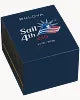 A navy blue box with Bulova and Snorkel July 4th - 98B474 printed on top, featuring a stylized Statue of Liberty and American flag—perfect packaging for this special edition men’s patriotic Bulova watch.
