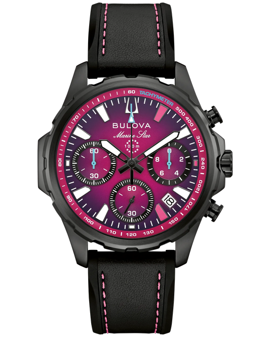 The Bulova Watch - Ladies' Team Miami E1 Marine Star 98B476 features a black case, magenta and black dial with three subdials, date window, and a black leather strap with pink stitching—honoring electric boat racing in vibrant style.