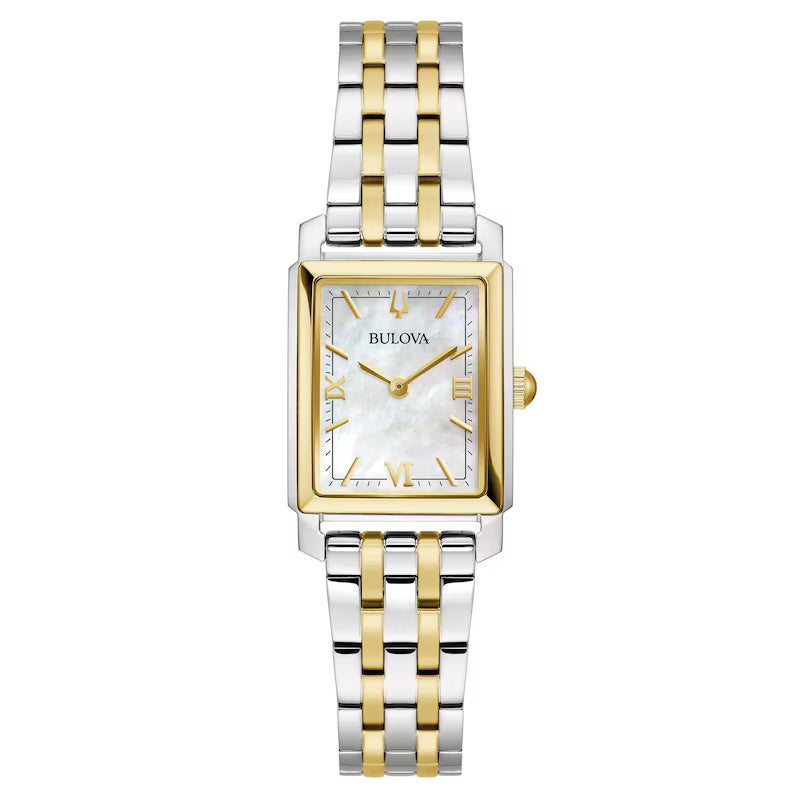The Bulova Sutton 98L308 ladies’ watch features a rectangular case, two-tone stainless steel band, white mother-of-pearl dial, gold Roman numerals and markers, and a gold-tone bezel and crown.