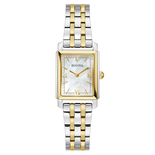 The Bulova Sutton 98L308 ladies’ watch features a rectangular case, two-tone stainless steel band, white mother-of-pearl dial, gold Roman numerals and markers, and a gold-tone bezel and crown.