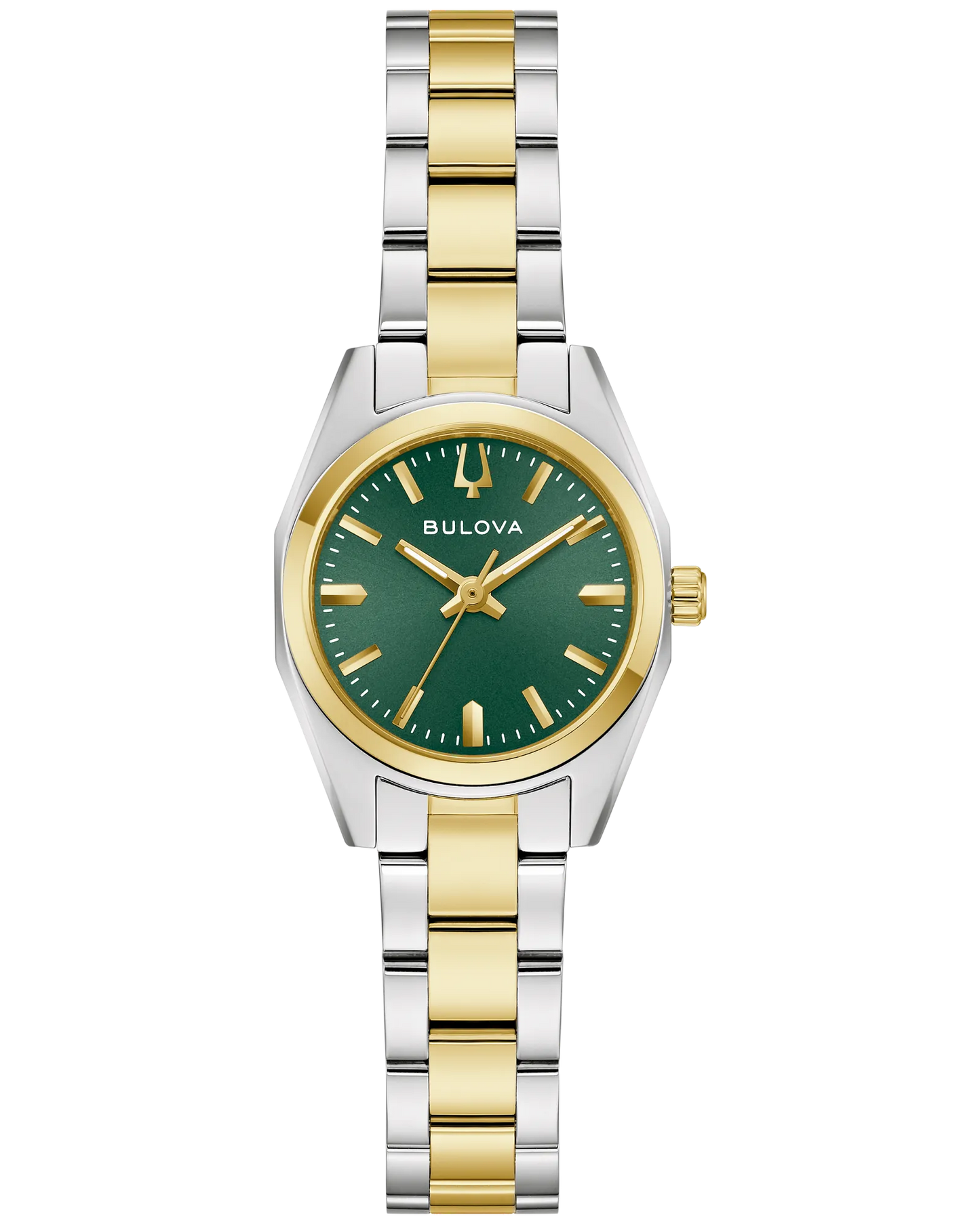 The Bulova Watch - Surveyor - 98L329 is a ladies' two-tone stainless steel timepiece with a green sunray dial, gold hour markers and hands, and a gold crown on the right, by Bulova.