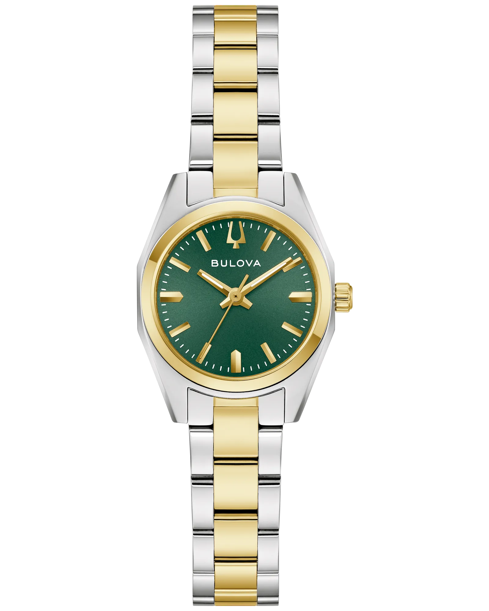 The Bulova Watch - Surveyor - 98L329 is a ladies' two-tone stainless steel timepiece with a green sunray dial, gold hour markers and hands, and a gold crown on the right, by Bulova.