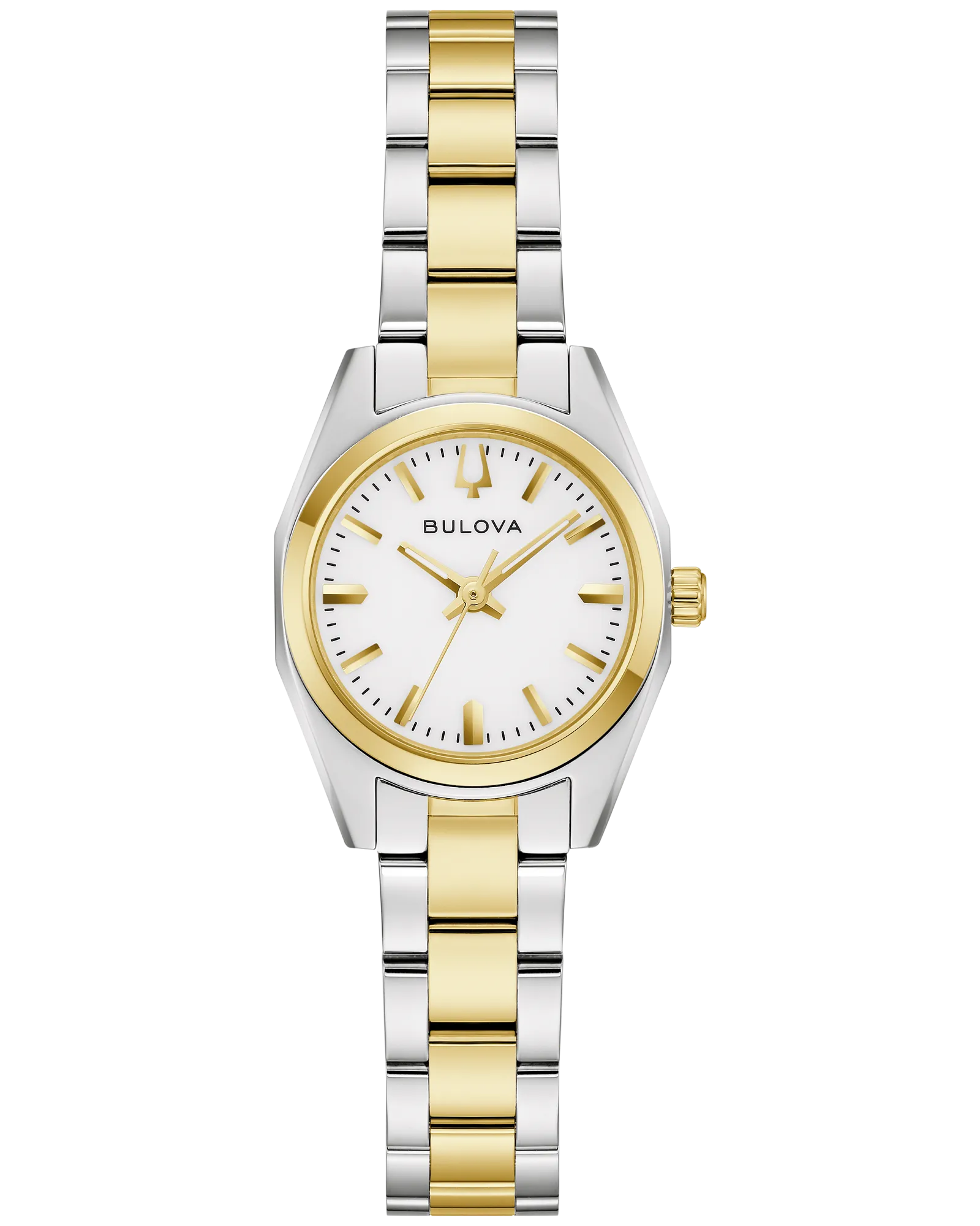 The Bulova Watch - Surveyor - 98L331 is a ladies’ wristwatch with a two-tone stainless steel band, round white dial, gold markers and hands, sapphire crystal, and "Bulova" on the face for timeless style.