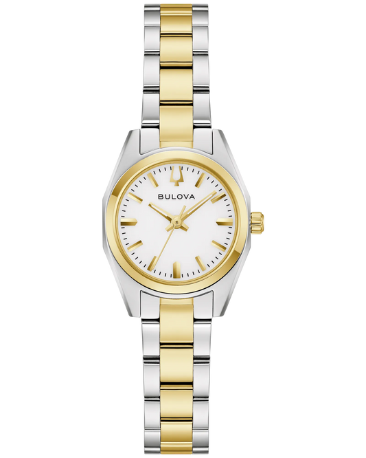 The Bulova Watch - Surveyor - 98L331 is a ladies’ wristwatch with a two-tone stainless steel band, round white dial, gold markers and hands, sapphire crystal, and "Bulova" on the face for timeless style.