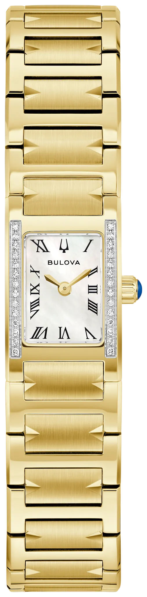 Introducing the Bulova Watch - Marc Anthony Harmony - 98R301: an elegant women’s gold watch featuring a rectangular face with Roman numerals, sparkling diamond accents along the sides reminiscent of a diamond bezel, and a sophisticated metallic link band. Inspired by the timeless Marc Anthony Harmony Collection from Bulova.