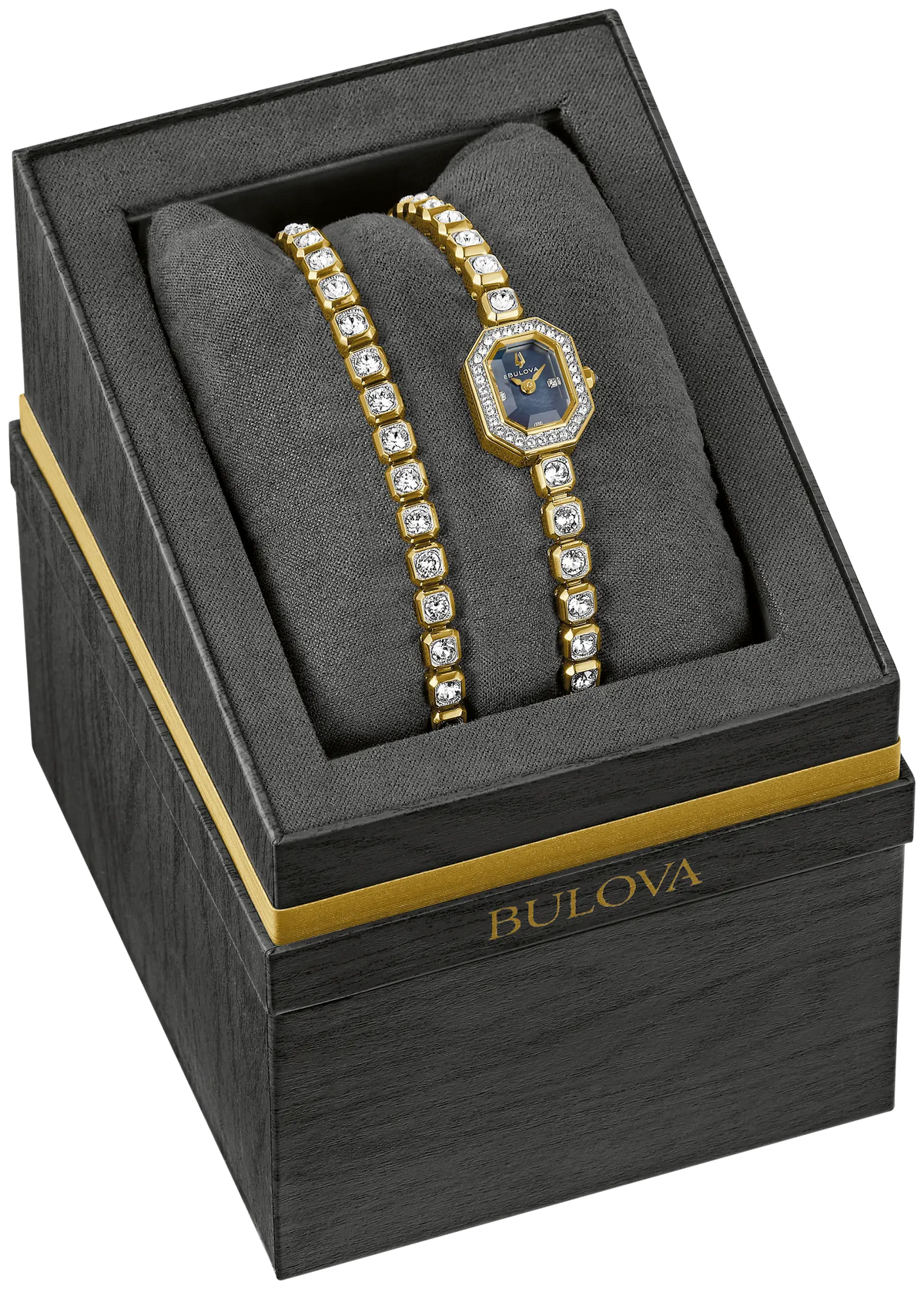 A Bulova Watch - Crystal Box Set - 98X143, featuring a gold women’s watch and matching bracelet adorned with Austrian crystals and a mother-of-pearl dial, is displayed on a black cushion inside an elegant black and gold Bulova box.