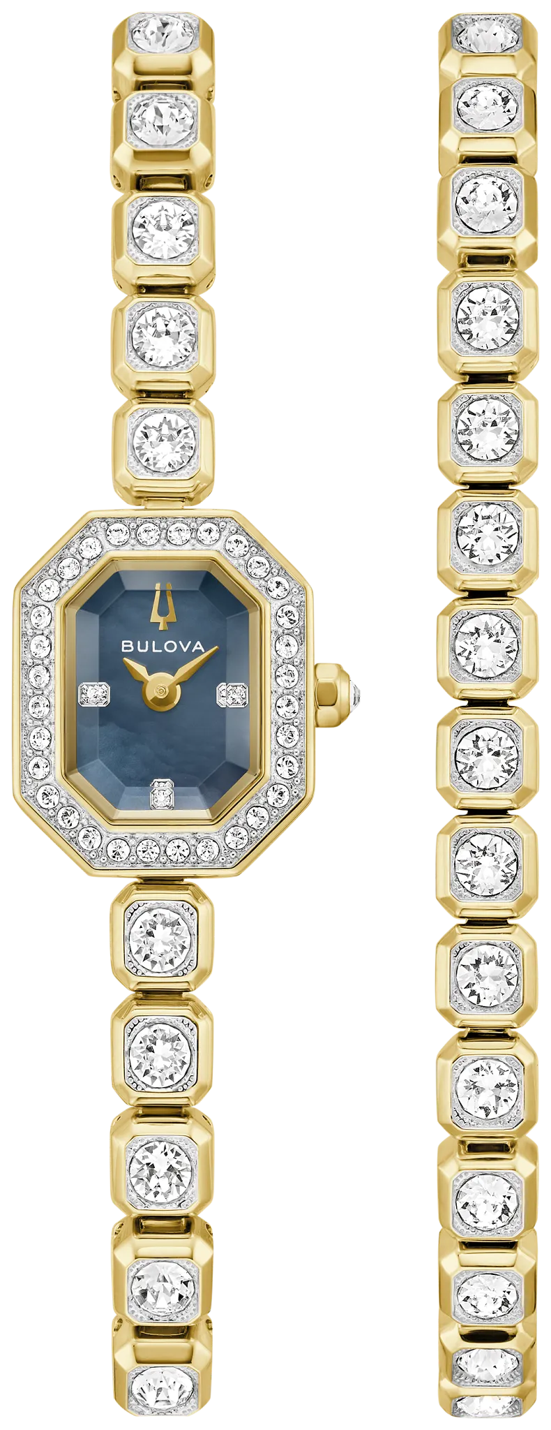 Introducing the Bulova Watch - Crystal Box Set - 98X143: This elegant Bulova women’s watch features a square blue face and a luminous mother-of-pearl dial, beautifully framed and accented with clear Austrian crystals set in round settings. Shown here with its matching bracelet, this dazzling timepiece from Bulova is the perfect blend of sophistication and sparkle.