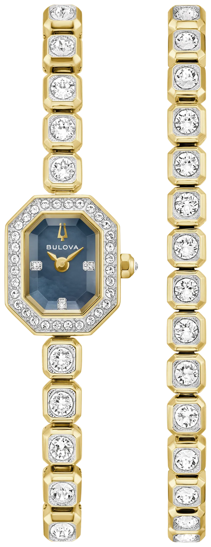 Introducing the Bulova Watch - Crystal Box Set - 98X143: This elegant Bulova women’s watch features a square blue face and a luminous mother-of-pearl dial, beautifully framed and accented with clear Austrian crystals set in round settings. Shown here with its matching bracelet, this dazzling timepiece from Bulova is the perfect blend of sophistication and sparkle.