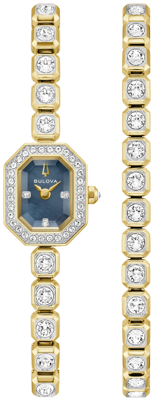 Introducing the Bulova Watch - Crystal Box Set - 98X143: This elegant Bulova women’s watch features a square blue face and a luminous mother-of-pearl dial, beautifully framed and accented with clear Austrian crystals set in round settings. Shown here with its matching bracelet, this dazzling timepiece from Bulova is the perfect blend of sophistication and sparkle.