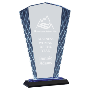 The JDS 9 1/2" Clear Fan Accent Glass Award (ACG23BU) features a blue & black reflective base, engraved for Mountain Arbor, MN Business Woman of the Year, Bonnie Adams—a geometric design that adds elegant presentation.