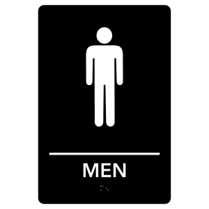 The JDS Braille Sign Blk/Wht MEN RESTROOM (ADA120) is a black ADA sign with a white stick figure above a line and “MEN” below, marking a men’s restroom.