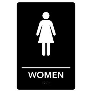 The JDS Braille Sign Blk/Wht WOMEN RESTROOM - ADA122 is an ADA-compliant black rectangular sign with a white female pictogram, "WOMEN" in uppercase, and Braille dots beneath for accessibility.