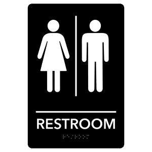 The JDS - Braille Sign Blk/Wht UNISEX RESTROOM - ADA125 features black and white graphics with male and female icons, a vertical separator, "Restroom" text, and braille—an ADA-compliant sign perfect for accessible spaces.