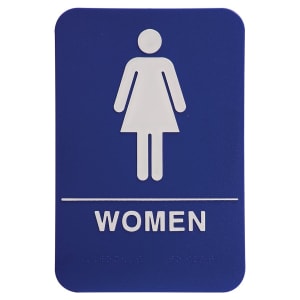 JDS - Braille Sign Blue/Wht WOMEN RESTROOM - ADA206 by JDS features a blue and white design with a female pictogram and "WOMEN" in capitals, indicating an ADA accessible women's restroom.