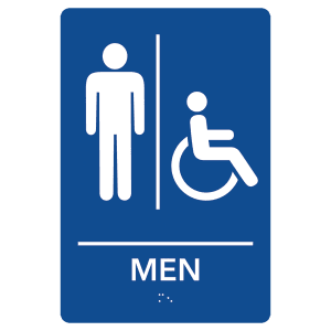 JDS - Braille Sign Blue/Wht MEN RESTROOM- ADA221 by JDS features a blue background, white icons of a standing male and a person in a wheelchair, and the word MEN, indicating an accessible men’s restroom.