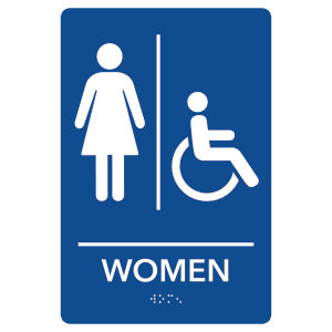 The JDS - Braille Sign Blue/Wht WOMEN RESTROOM- ADA223 by JDS features female and wheelchair icons, "WOMEN" text, and braille lettering. This ADA-compliant sign promotes accessibility and inclusivity in women's restrooms.