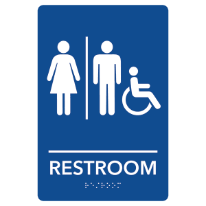 The JDS Braille Sign Blue/WHT UNISEX RESTROOM-ADA226 features white unisex icons for female, male, and wheelchair users on blue, with "RESTROOM" and braille underneath for accessibility. Brand: JDS.