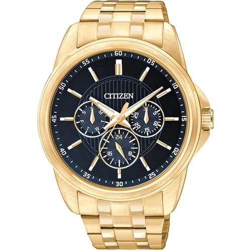 The Citizen Quartz Watch AG8342-52L features a gold-tone stainless steel case, black dial with three subdials, gold hour markers, date display, and a matching metal link band.