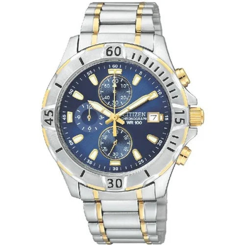 The Citizen Quartz Watch (AN3394-59L) features a bold blue dial, three subdials, date display, and a two-tone stainless steel band with gold accents and minute-marked bezel.