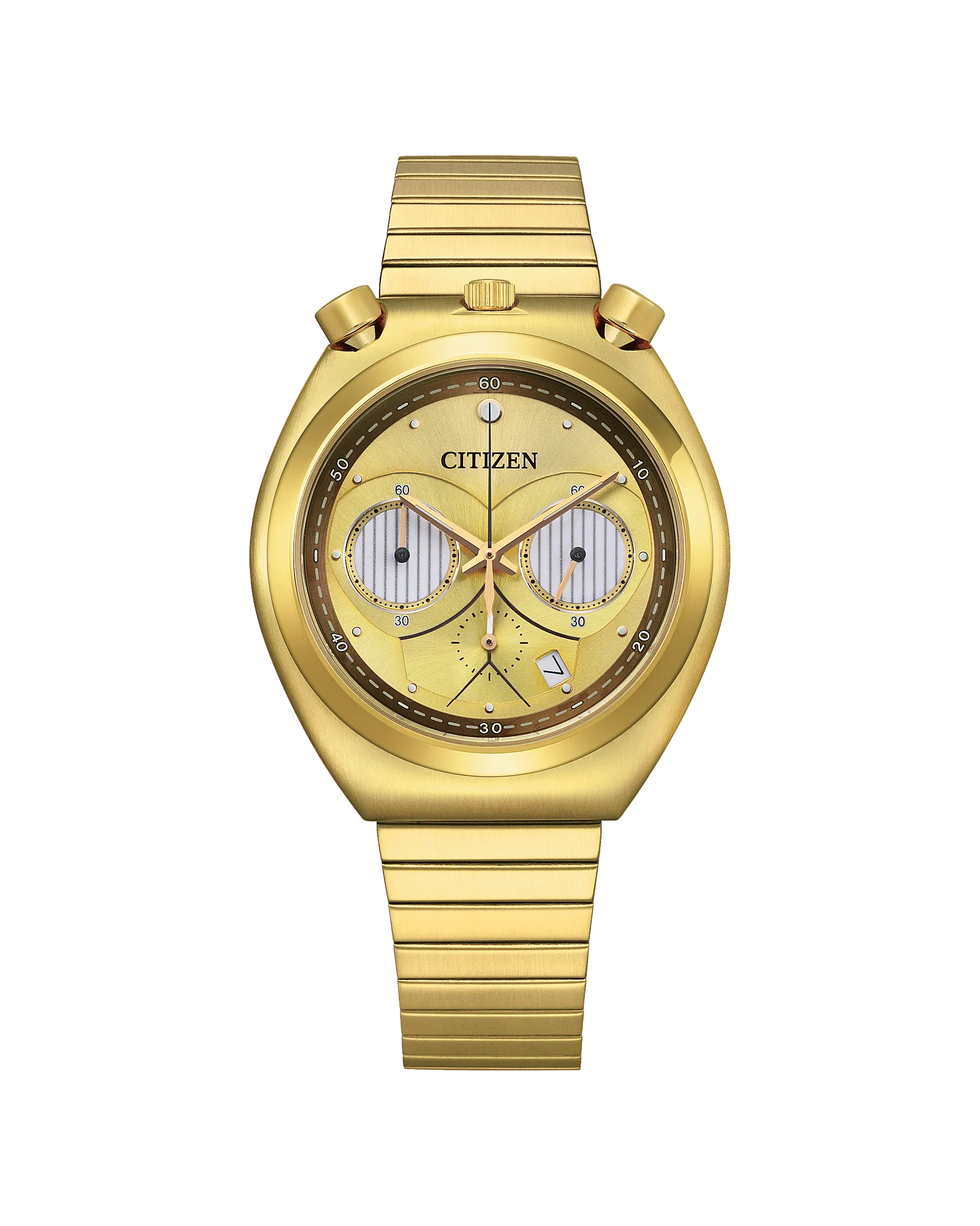 The Citizen Watch - C-3PO Rewired (AN3662-51W) by Citizen features a gold metallic band, yellow dial, two subdials, and prominent push buttons on either side of the crown, shown against a white background.