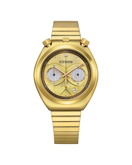 The Citizen Watch - C-3PO Rewired (AN3662-51W) by Citizen features a gold metallic band, yellow dial, two subdials, and prominent push buttons on either side of the crown, shown against a white background.