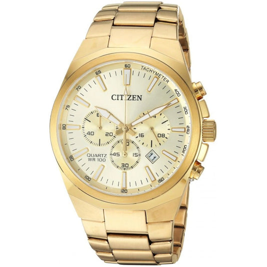 The Citizen Quartz Watch - AN8172-53P is a gold men’s chronograph with a metal band, three subdials, date window, tachymeter bezel markings, and luminous hands and hour markers.