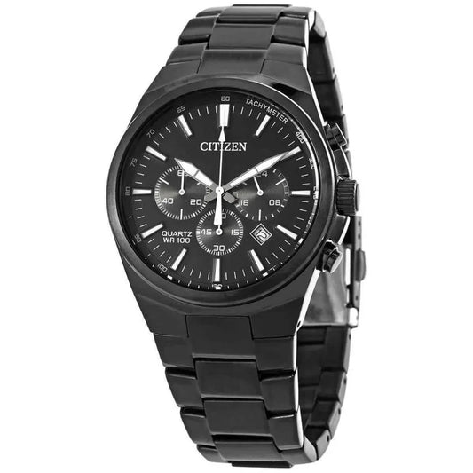 The Citizen Quartz Watch AN8175-55E is a men's stainless steel chronograph with a black quartz dial, metal band, three subdials, date display, white hour markers, and tachymeter bezel. Labeled Quartz WR 100.