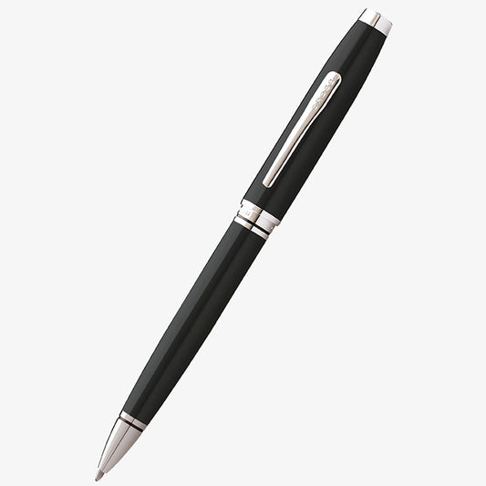 The Cross Coventry Black Lacquer Pen (AT0662-6) features a sleek black lacquer finish with silver accents, a silver clip, and a tapered tip, showcased against a plain white background.