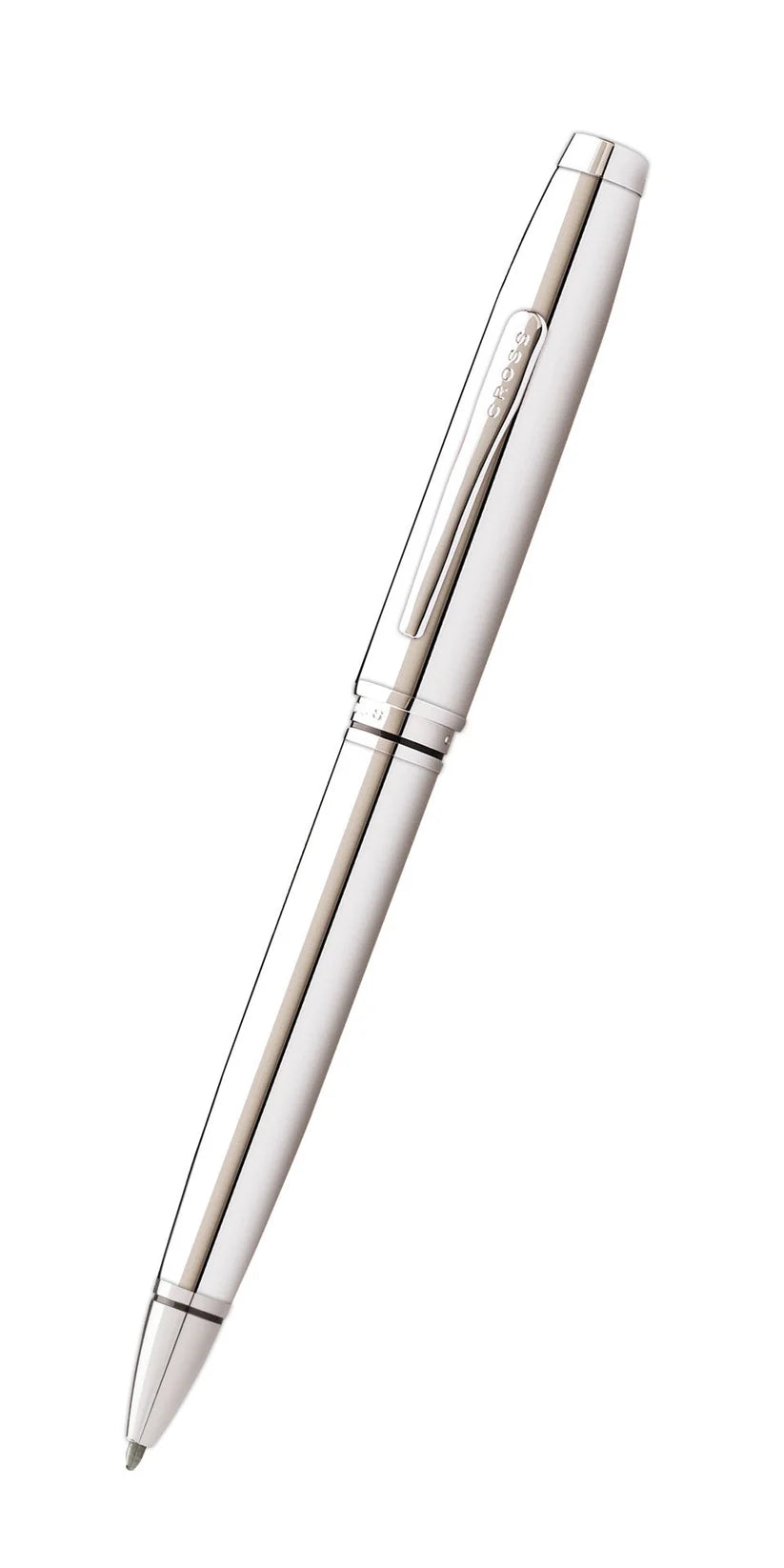 The Cross Coventry Polished Chrome Pen (AT0662-7) by Cross is shown diagonally on a plain white background, featuring a shiny metallic finish, cap clip, and pointed tip.