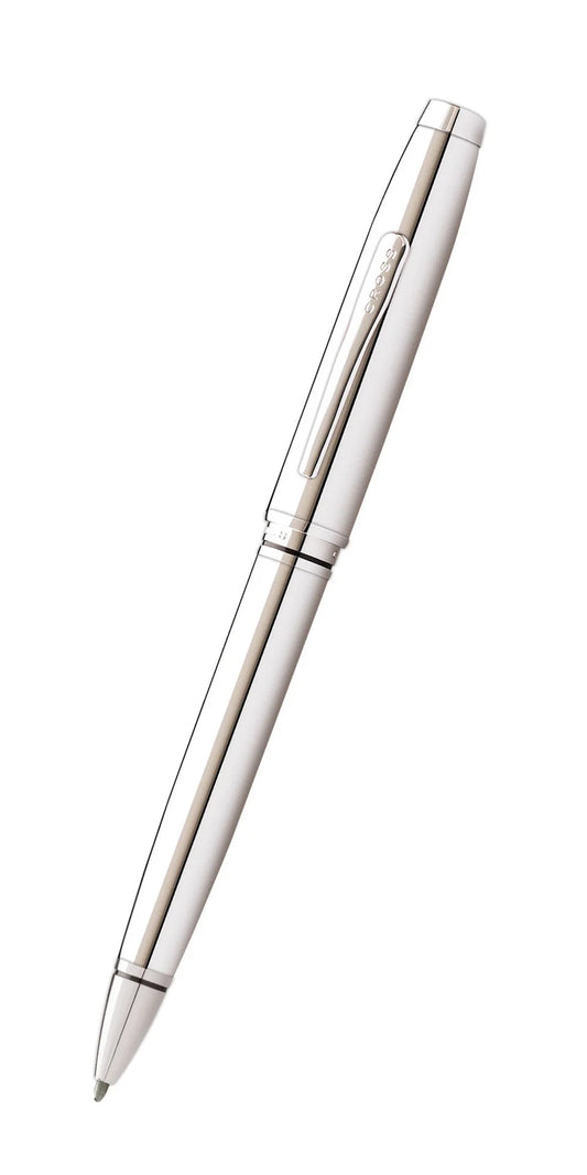 The Cross Coventry Polished Chrome Pen (AT0662-7) by Cross is shown diagonally on a plain white background, featuring a shiny metallic finish, cap clip, and pointed tip.