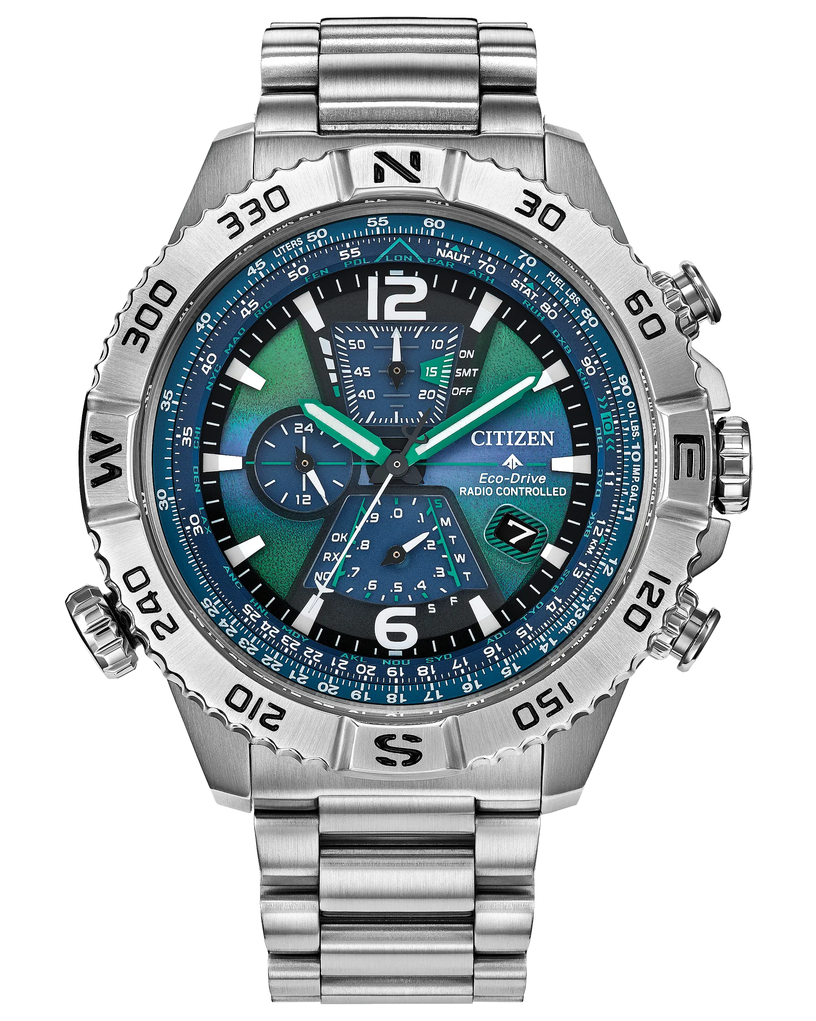 The Citizen Promaster Navihawk A-T (AT8220-55W) is a silver wristwatch with a metallic band, blue and green face, multiple subdials, compass bezel, and atomic timekeeping.