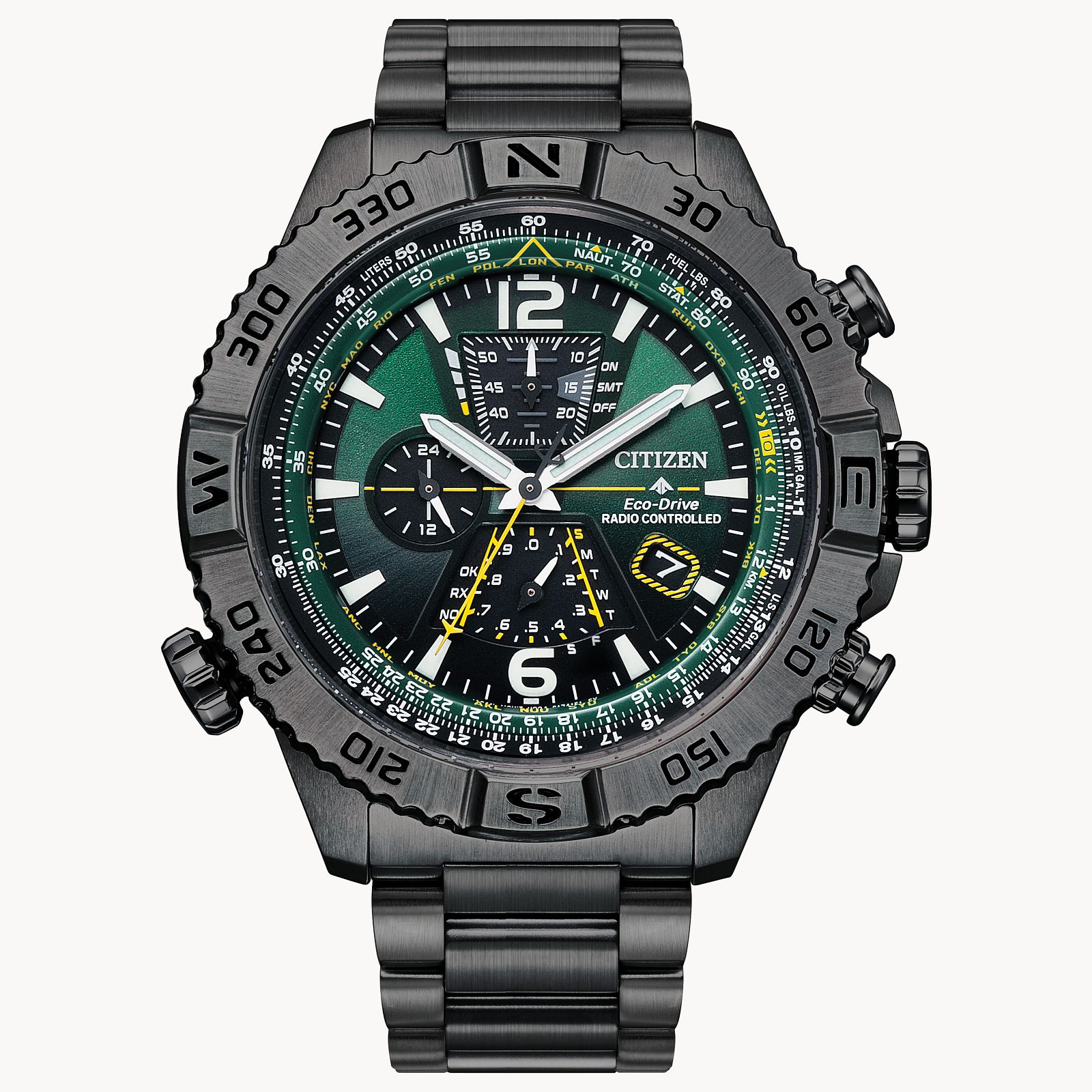 The Citizen Promaster Navihawk AT8227-56X is a black stainless steel Eco-Drive pilot watch with a green and black dial, multiple subdials, white and yellow accents, and a compass-marked rotating bezel.