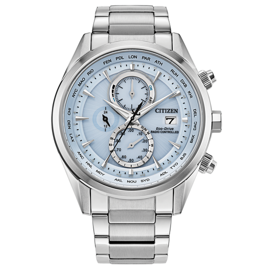 The Citizen Watch - Atomic Sport Luxury AT8260-51M features a silver stainless steel band, light blue dial, chronograph with three subdials, date display, world city time zones, and atomic timekeeping—precision and style by Citizen.