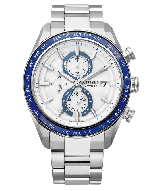 The Citizen Watch - ATTESA White Dial Super Titanium (AT8296-53A) by Citizen is a sophisticated wristwatch crafted in Super Titanium, featuring a sleek white dial with blue accents, three subdials, a date window, and a world time bezel showcasing major cities. Powered by Eco-Drive Atomic Timekeeping technology for outstanding precision and reliability, this refined timepiece seamlessly combines advanced innovation with timeless elegance.