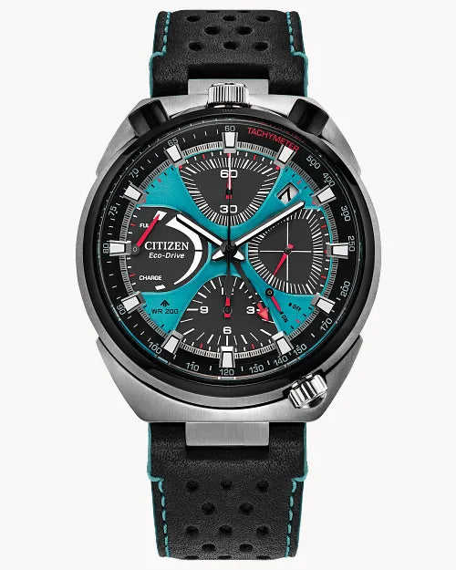 The Citizen Promaster Tsuno Chrono Racer AV0106-01L features a black and turquoise dial, multiple subdials, silver indices, tachymeter scale, and a black perforated leather strap with turquoise stitching.