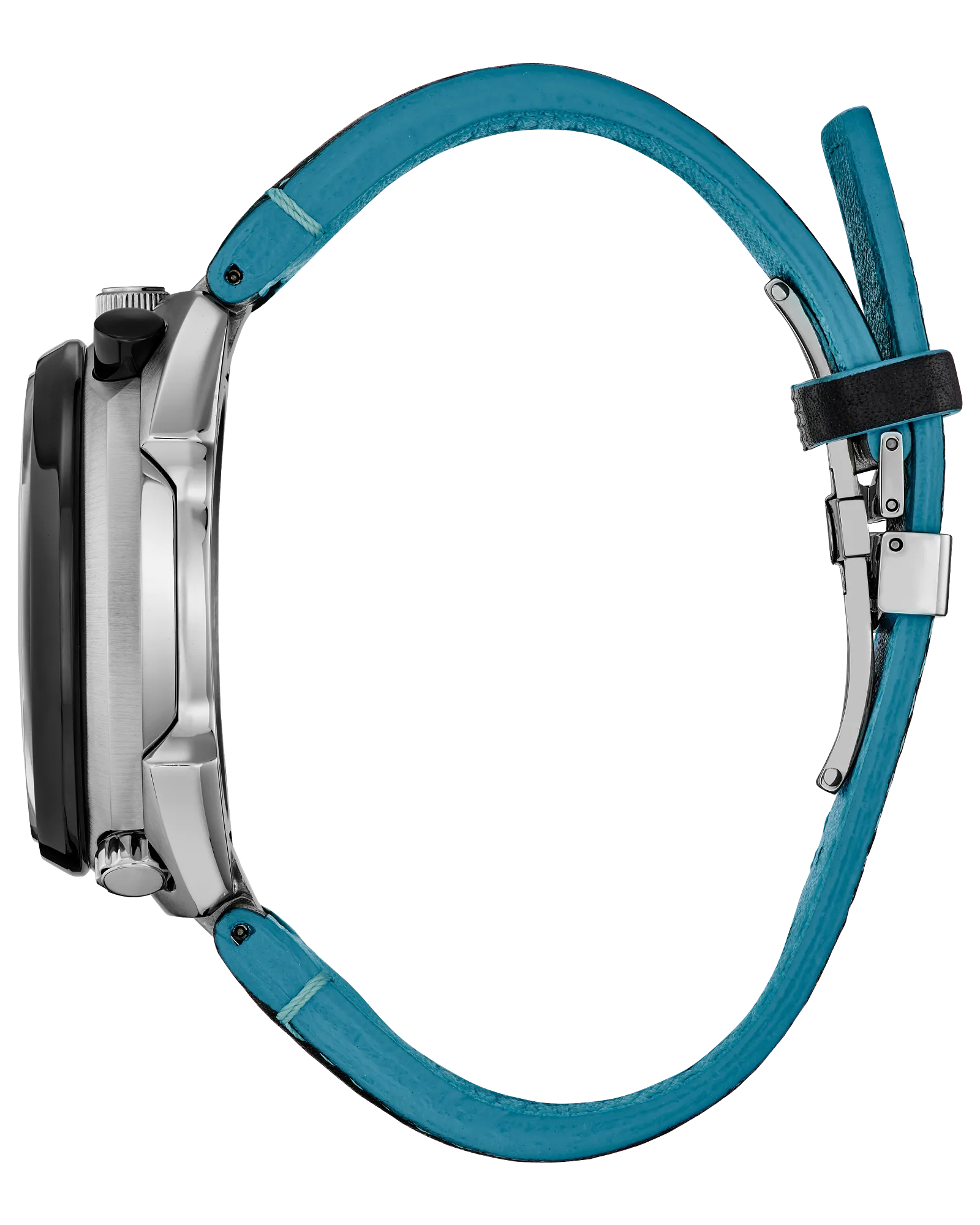 A side view of the Citizen Promaster Tsuno Chrono Racer (AV0106-01L) shows its limited edition silver case, bright blue leather strap, and metal clasp and buckle, all displayed on a white background.