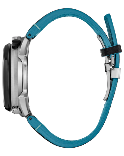 A side view of the Citizen Promaster Tsuno Chrono Racer (AV0106-01L) shows its limited edition silver case, bright blue leather strap, and metal clasp and buckle, all displayed on a white background.