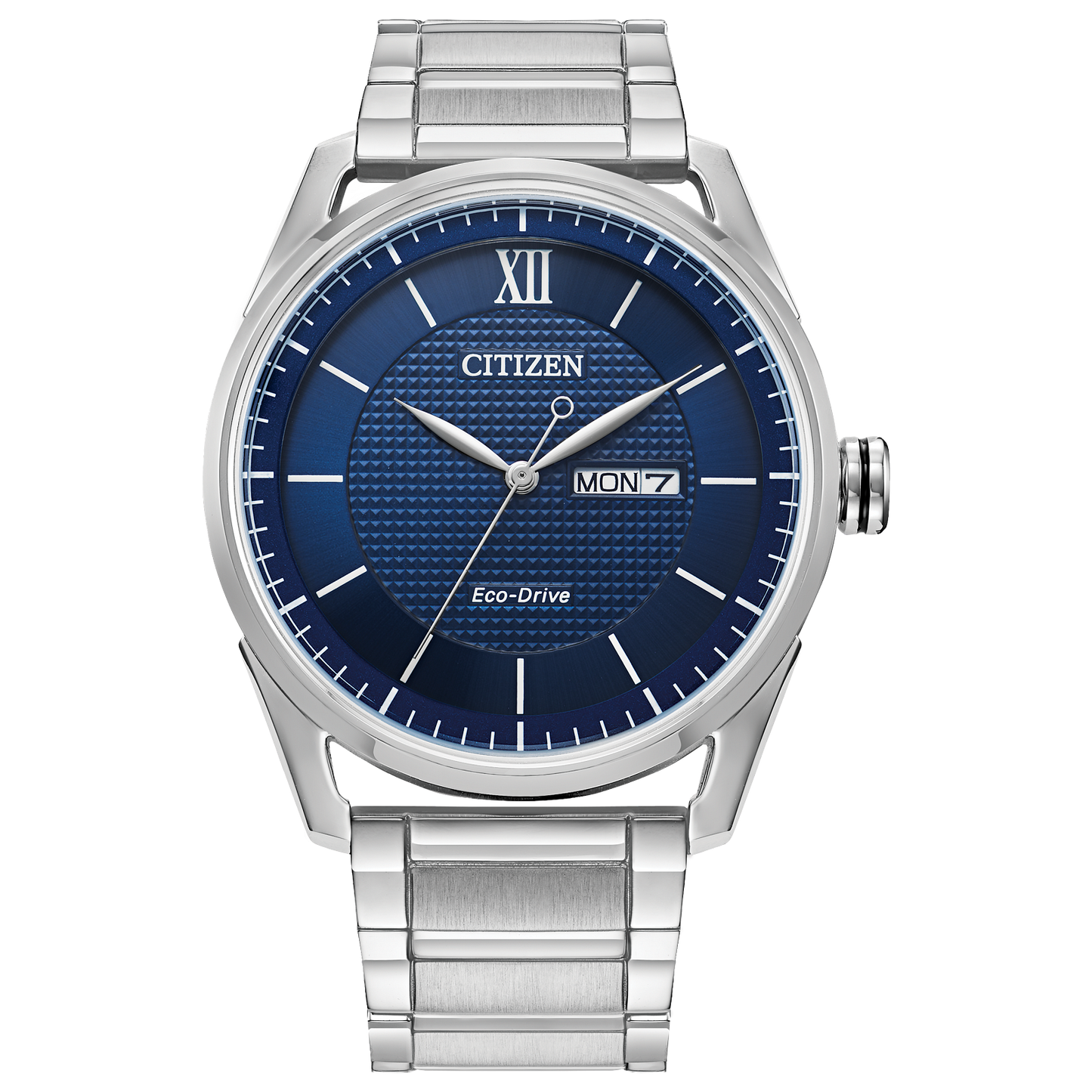 The Citizen Watch - Mens Classic Collection (AW0081-54L) features a blue textured dial, silver markers and hands, day/date display at 3 o’clock, and a sleek metal link band.