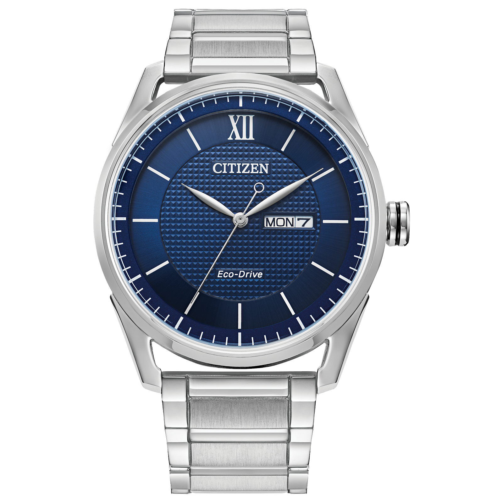 The Citizen Watch - Mens Classic Collection (AW0081-54L) features a blue textured dial, silver markers and hands, day/date display at 3 o’clock, and a sleek metal link band.
