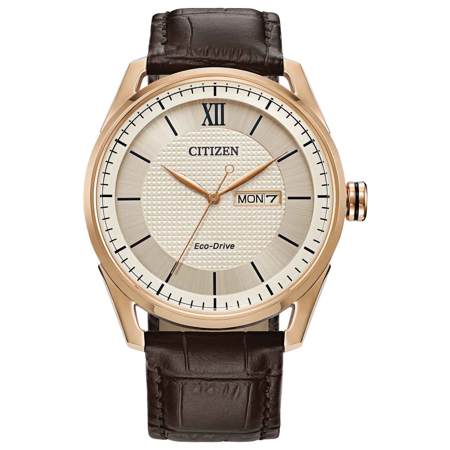 The Citizen Watch - Classic - AW0082-01A by Citizen features a rose gold-tone case, white textured dial with black Roman numerals/indices, day/date display, and a brown leather strap.