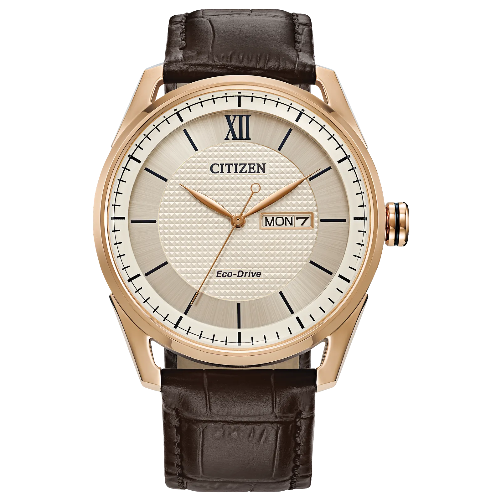 The Citizen Watch - Classic - AW0082-01A by Citizen features a rose gold-tone case, white textured dial with black Roman numerals/indices, day/date display, and a brown leather strap.