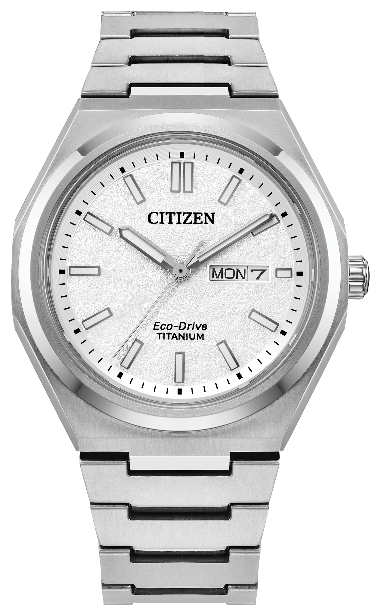 The Citizen Zenshin Three-Hand (AW0130-85A) features a Super Titanium case, light textured dial, silver markers and hands, day-date at 3 o’clock, metal link bracelet, and Eco-Drive technology. Time shown is 10:08:36.