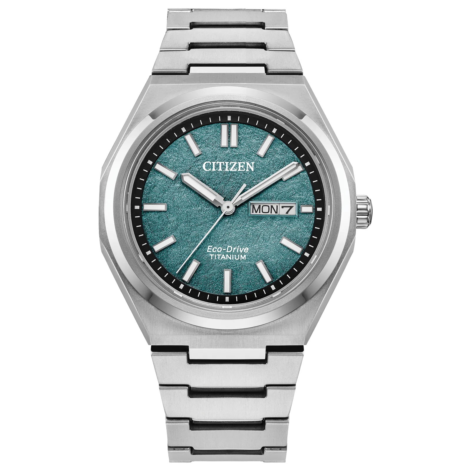 The Citizen Watch - Zenshin Three-hand (AW0130-85X) features Super Titanium, an Eco-Drive movement, a textured teal dial with silver markers and hands, day-date display at 3 o’clock, and a sleek silver metal bracelet.