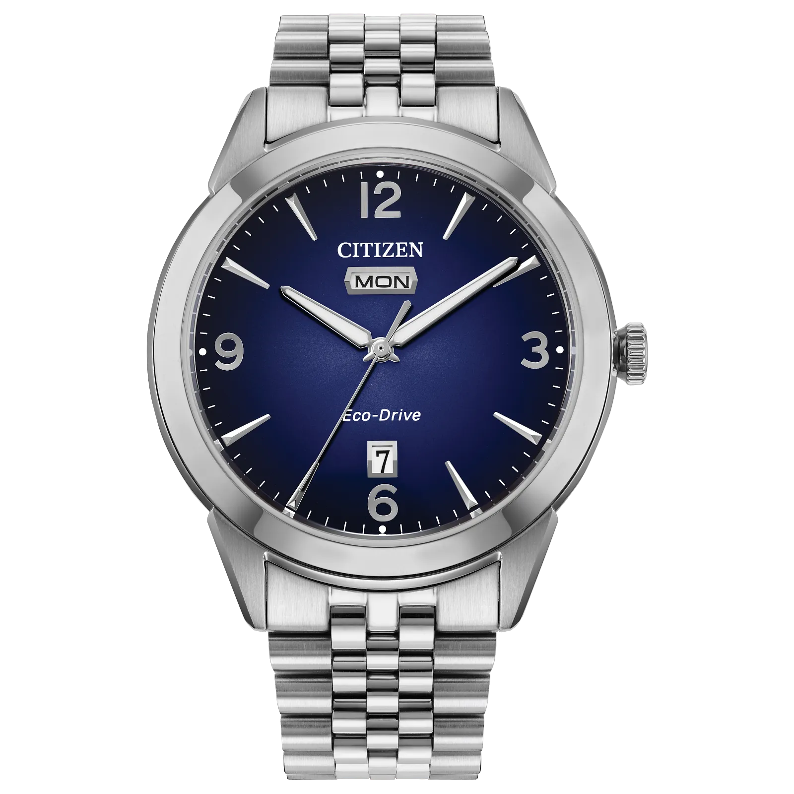 The Citizen Watch - Rolan - AW0150-53L by Citizen features a blue face, silver hour markers and hands, stainless steel bracelet, and displays both the day and date in a vintage-inspired design.