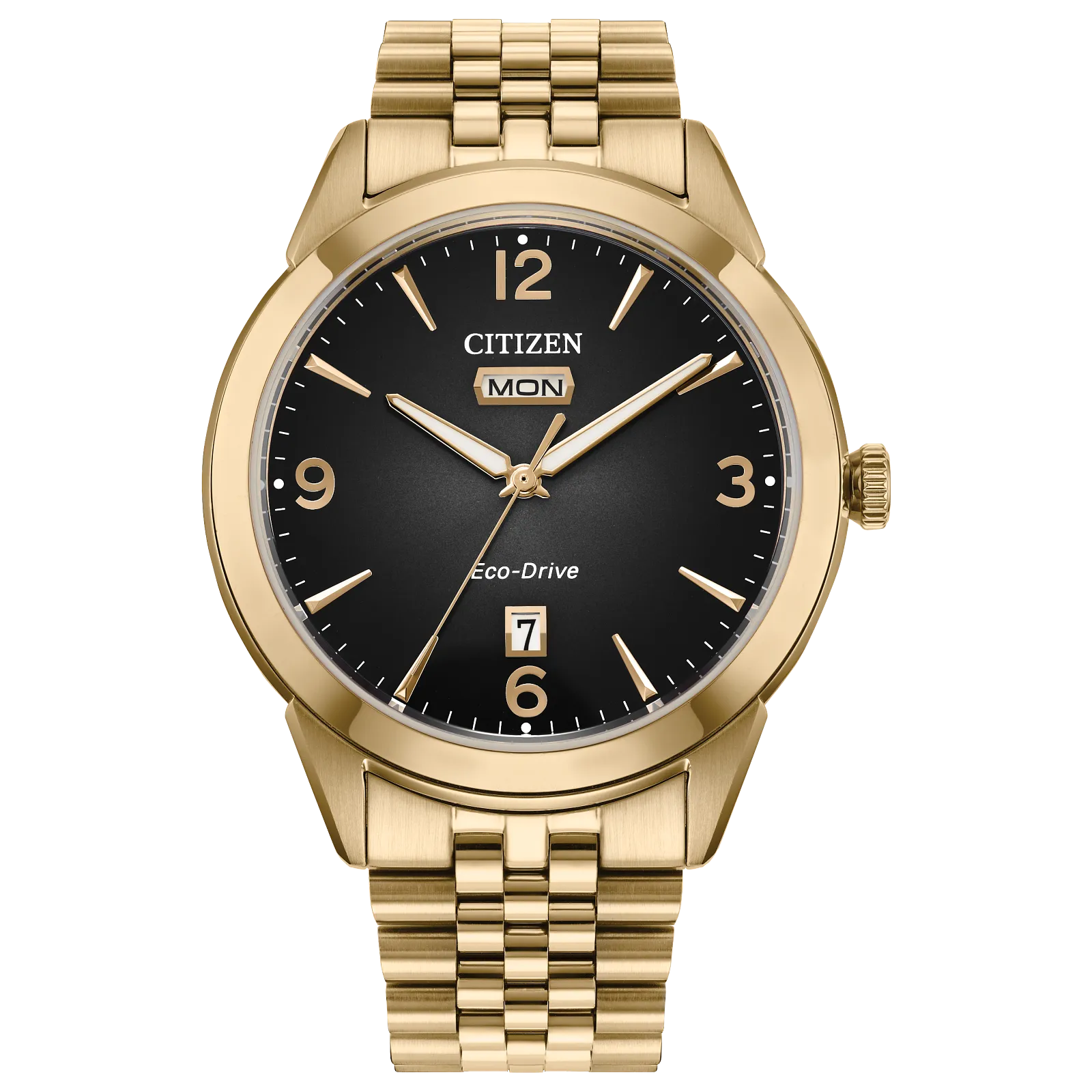 The Citizen Rolan AW0152-58H is a vintage-inspired Eco-Drive gold-tone stainless steel watch with a black dial, gold hour markers, day/date display, and a gold link bracelet, shown against a plain white background.