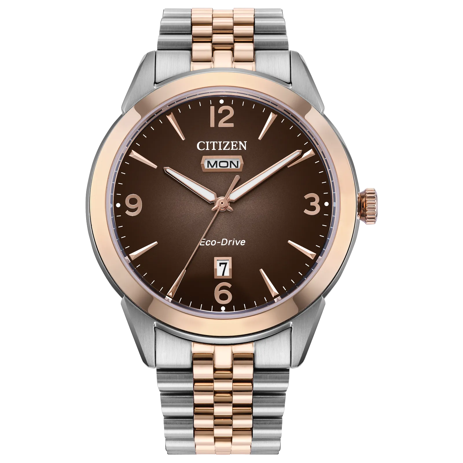 The Citizen Watch - Rolan (AW0156-57X) features a brown dial, rose gold-tone bezel, silver and rose gold-tone metal link band, and displays day/date above 6 o’clock. Powered sustainably by Eco-Drive technology.