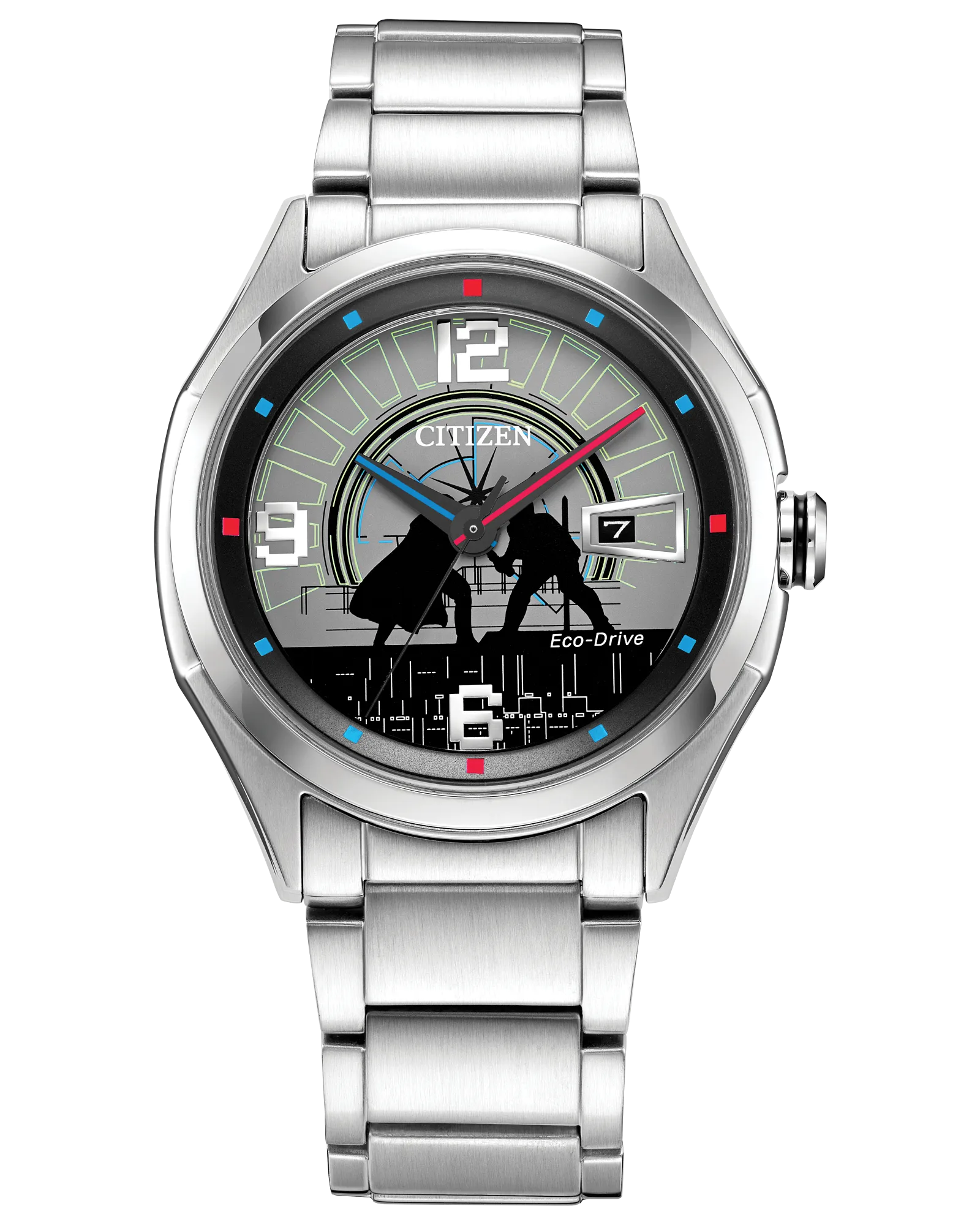 The Citizen Watch - Duel Star Wars - AW1140-51W features silhouettes of Darth Vader and Luke Skywalker dueling on the dial, a date display at 3 o’clock, and Eco-Drive technology—a must-have for any Star Wars fan.