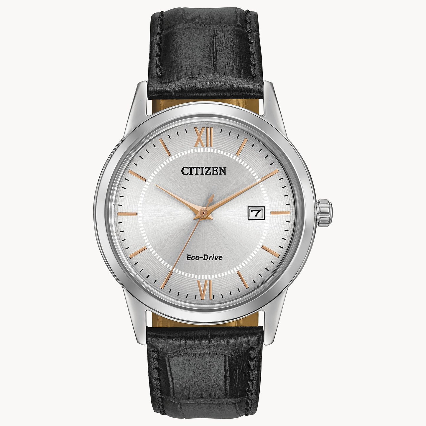 The Citizen Corso AW1236-03A men’s watch features a silver dial with gold-tone Roman numerals, a date display at 3 o'clock, and a black leather strap.