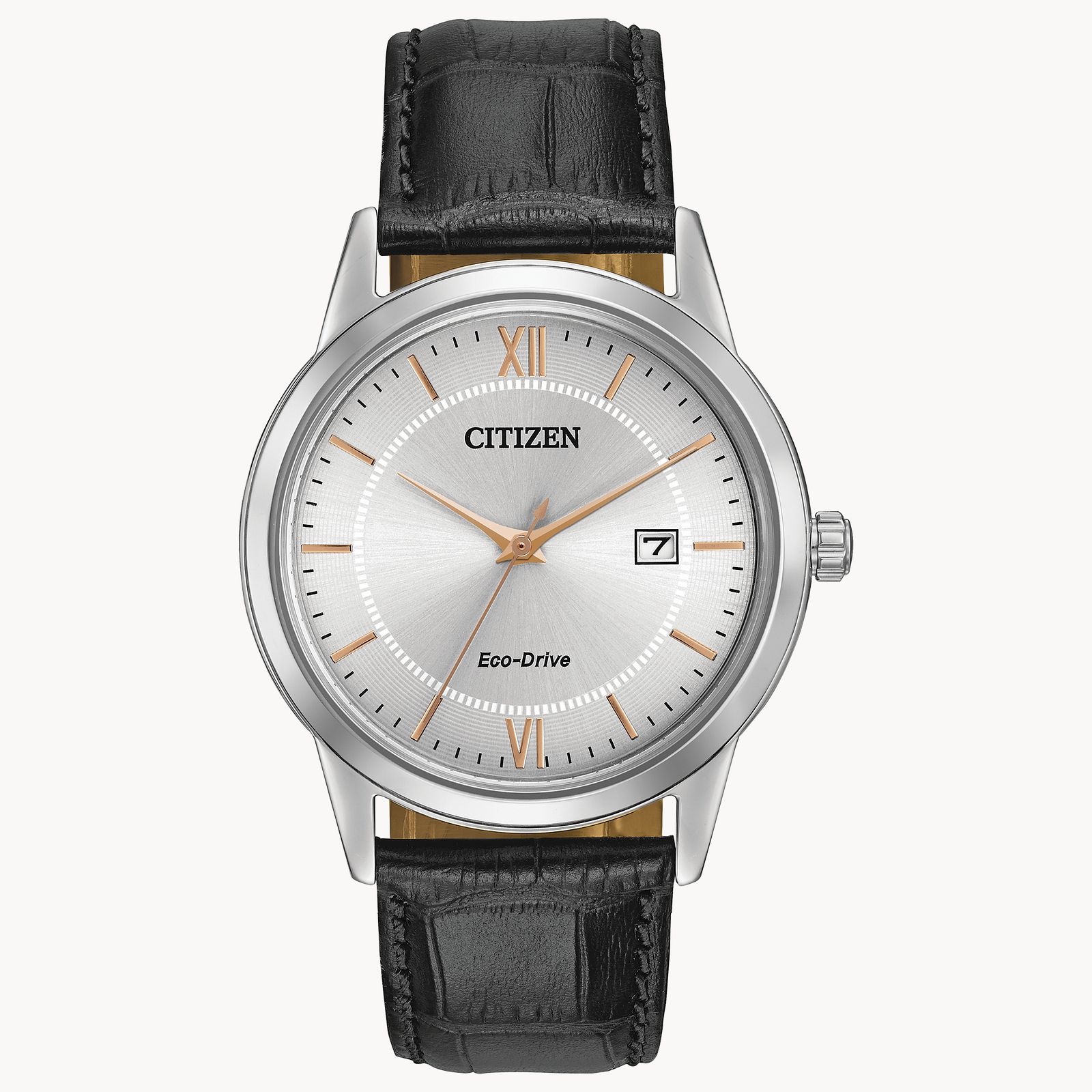 The Citizen Corso AW1236-03A men’s watch features a silver dial with gold-tone Roman numerals, a date display at 3 o'clock, and a black leather strap.